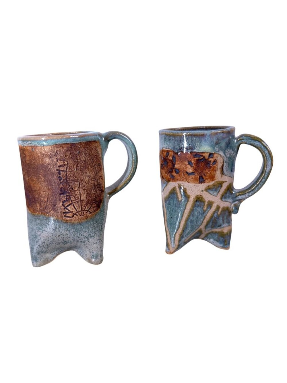 Handmade Ceramic 3-Footed Coffee Mug Blue Green Brown Textured Glaze Unique